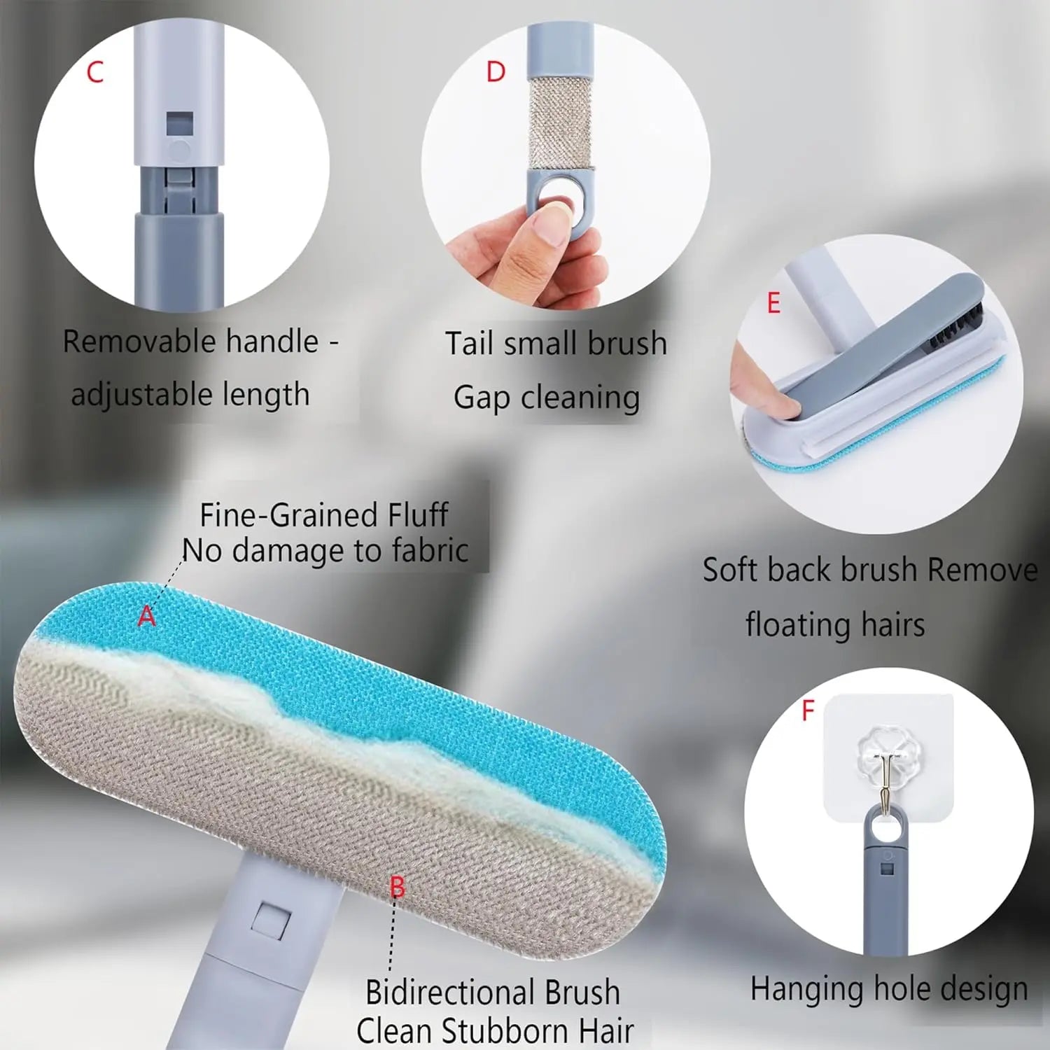 4-in-1 Reusable Lint Remover Broom with 17.7-Inch Standard Handle - Effective Pet Hair Removal Tool for Furniture and Car Seats (Single Pack)