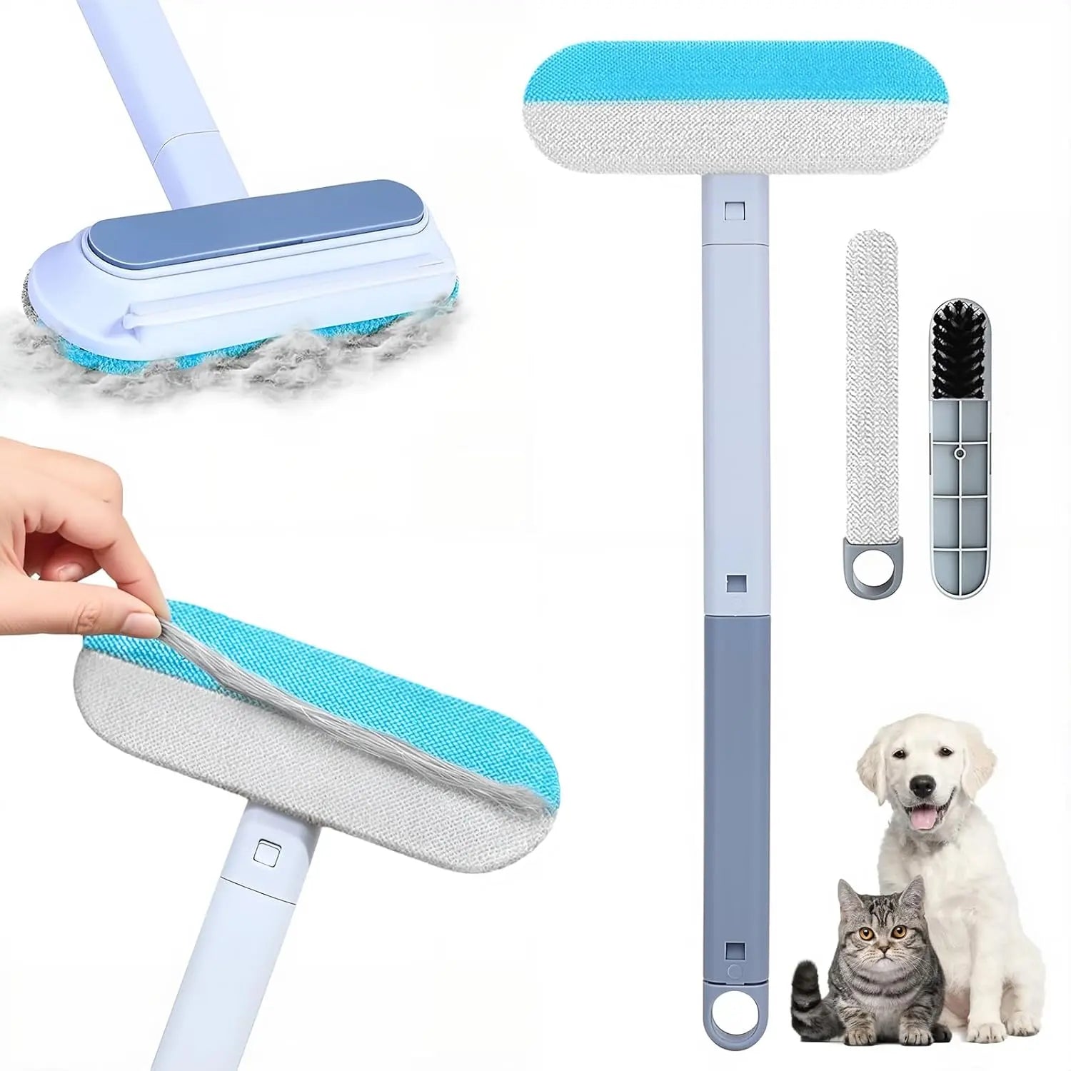 4-in-1 Reusable Lint Remover Broom with 17.7-Inch Standard Handle - Effective Pet Hair Removal Tool for Furniture and Car Seats (Single Pack)